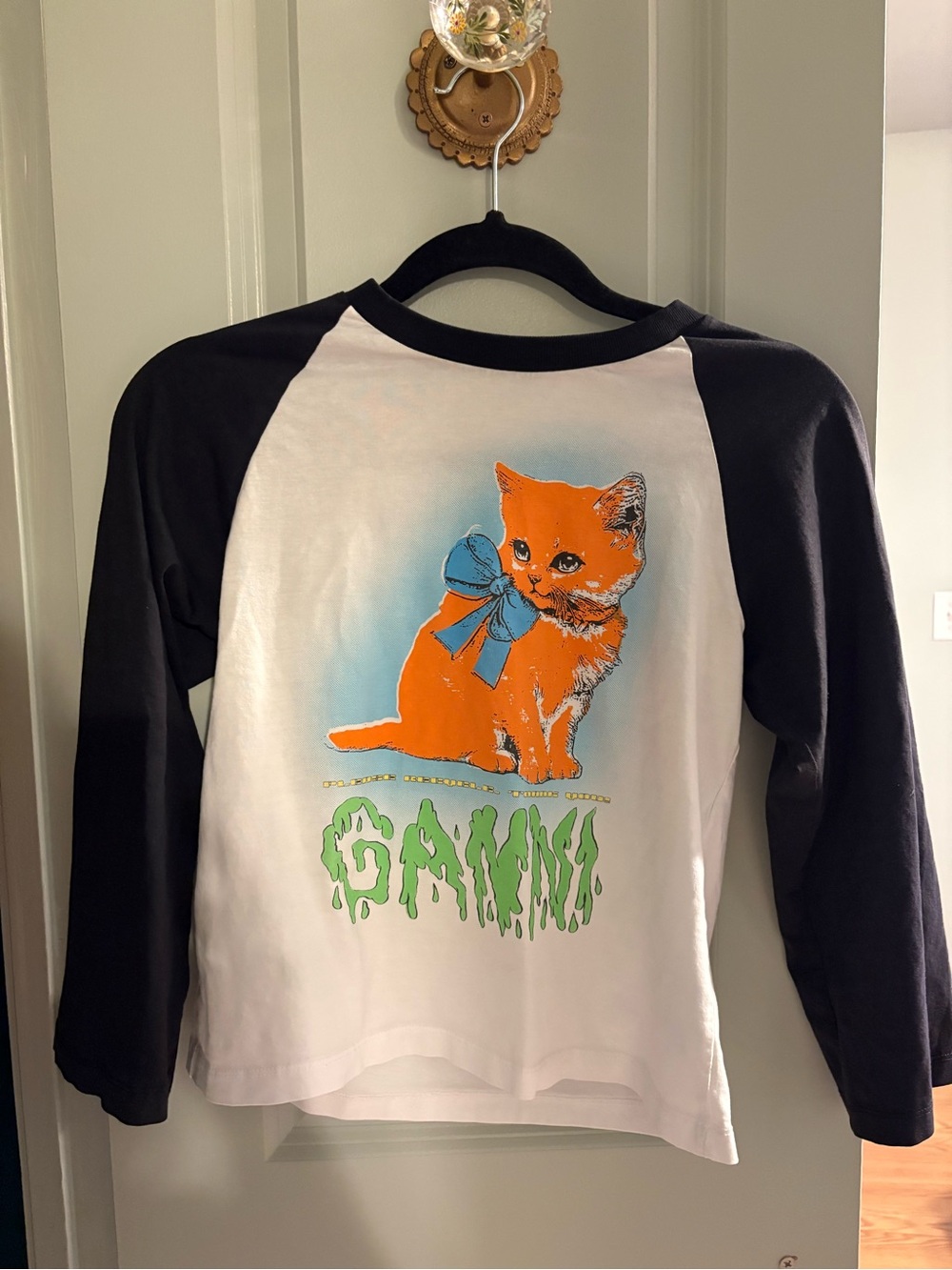Ganni Orange Kitten Tee with Blue Bow